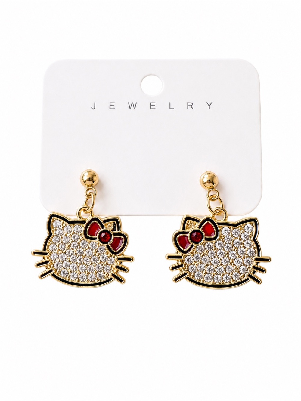 Hello Kitty Rhinestone Dangle Earrings Gold Tone Red Bow Cute Kawaii - Picture 5 of 6